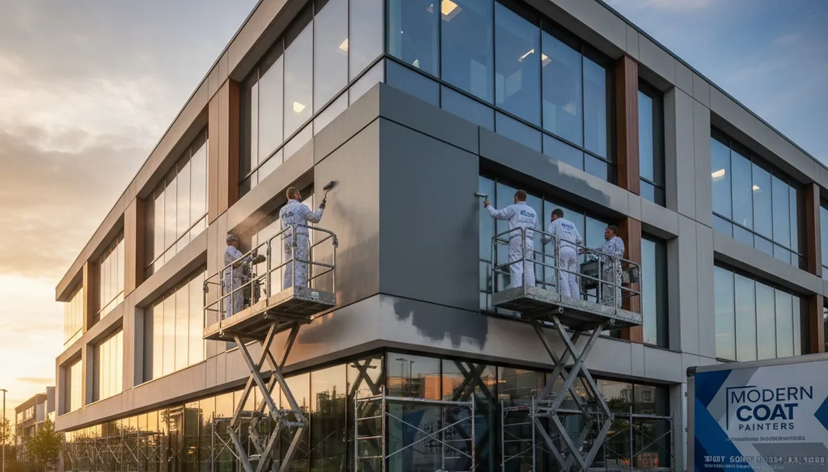 Professional commercial painters working on retail building exterior in Norton, MA