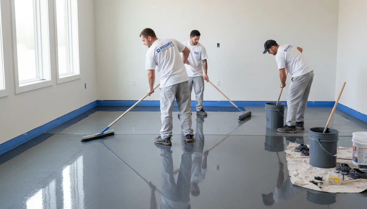 Epoxy floor coating in Norton, MA garage by professional house painters for durable, moisture-resistant finish