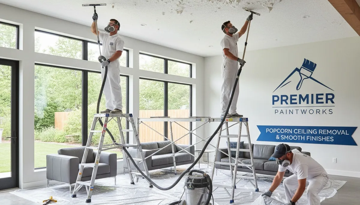 Professional popcorn ceiling removal in Norton, MA by expert house painters preparing smooth ceilings